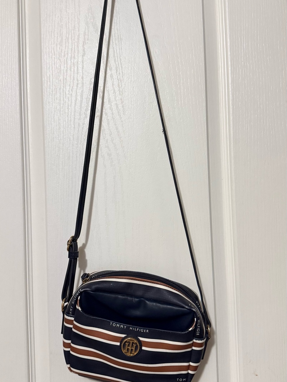 Tommy Hilfiger Navy, Brown & White Striped Crossbody Bag